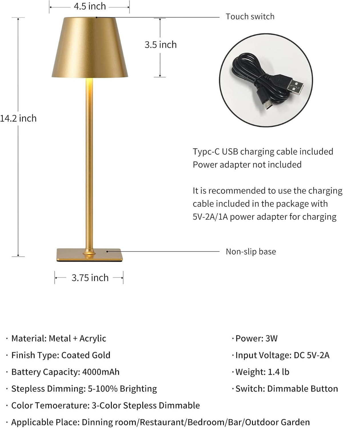 2‑Pack Rechargeable Gold Cordless Table Lamps