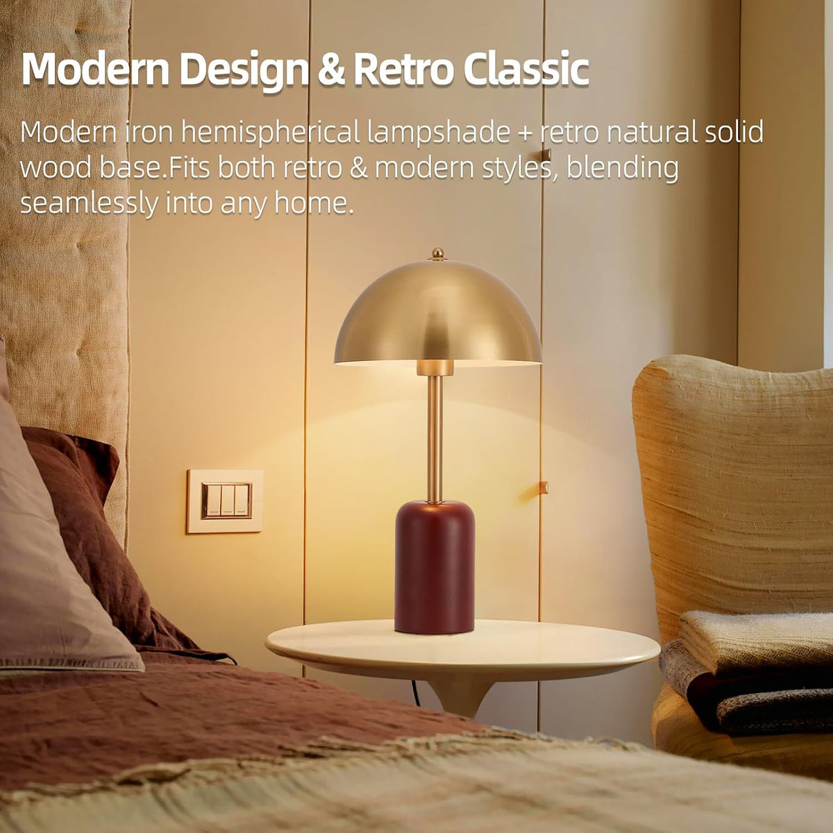 Modern Farmhouse Oak Wood Brass Mushroom Table Lamp
