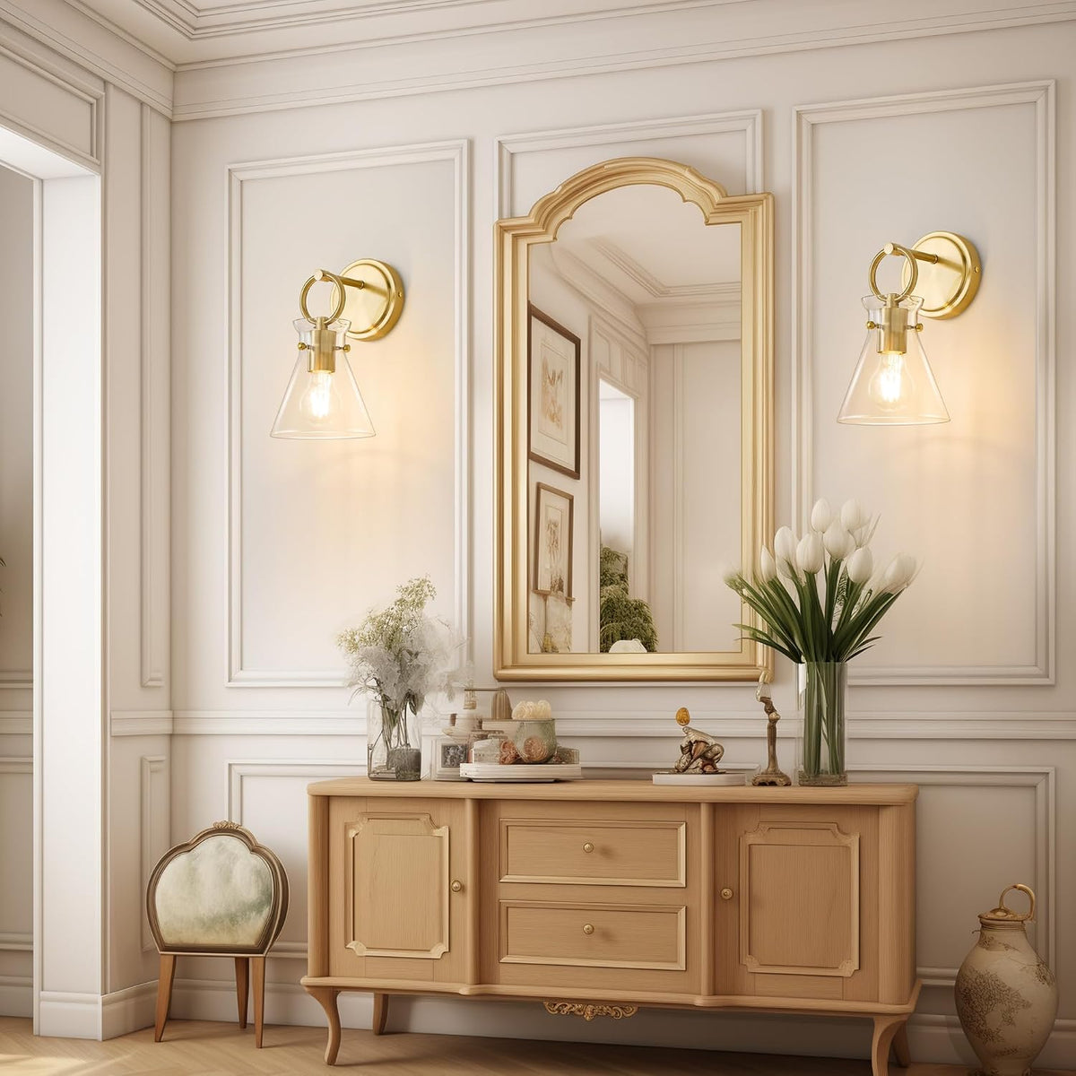 Gold 2‑Pack Hardwired Vanity Sconces with Clear Glass