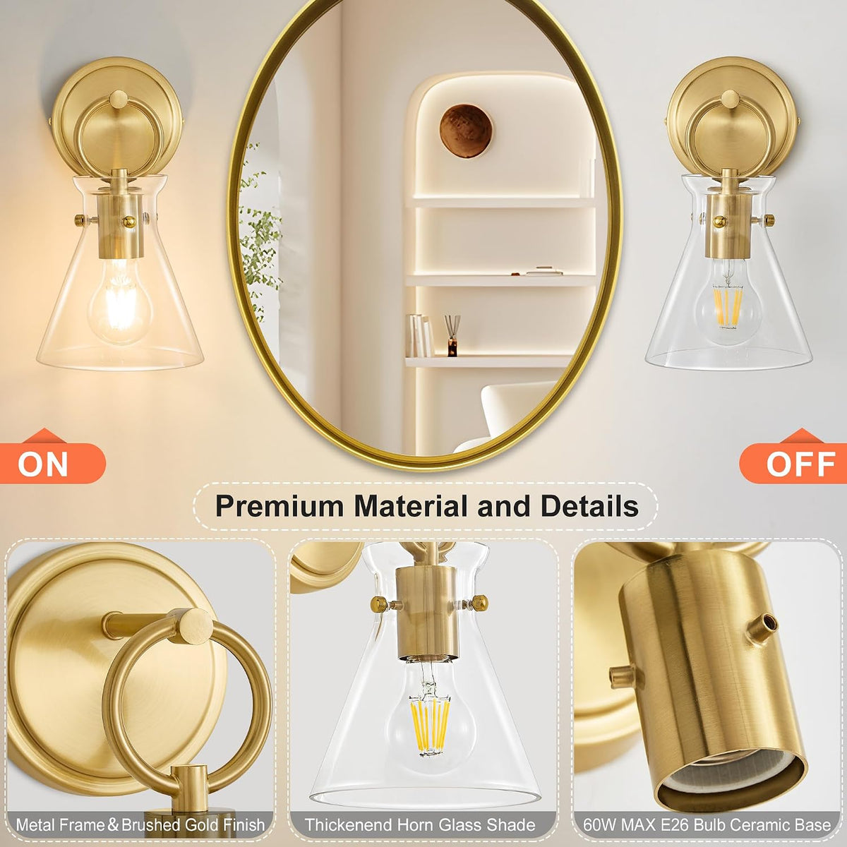 Gold 2‑Pack Hardwired Vanity Sconces with Clear Glass