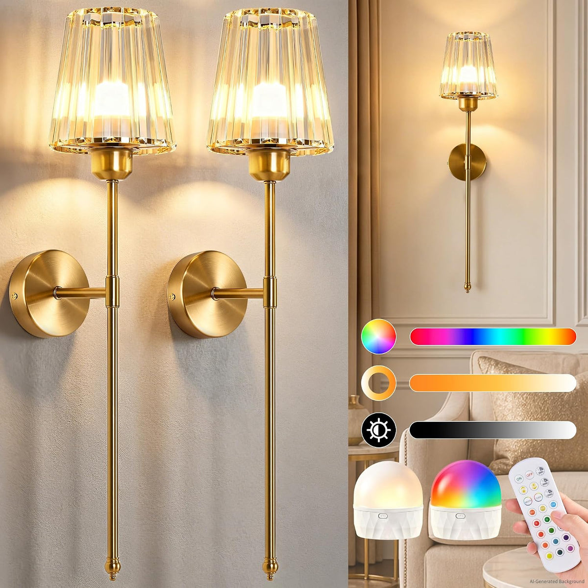 2‑Pack Rechargeable Crystal Wall Sconces with Remote
