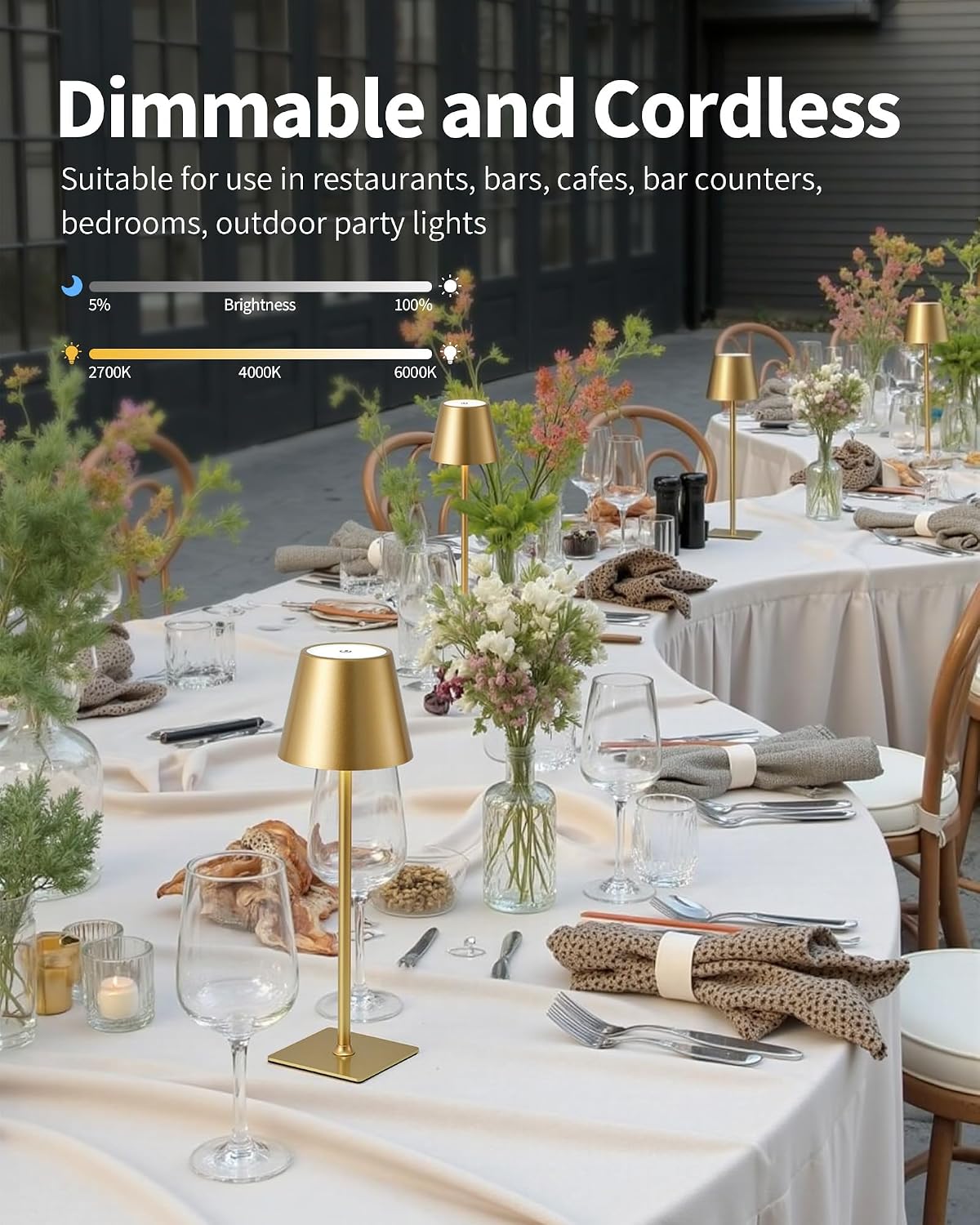 2‑Pack Rechargeable Gold Cordless Table Lamps
