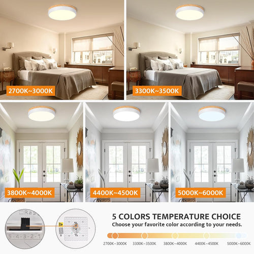 11.8" Dimmable 5CCT Wood LED Flush Mount Light