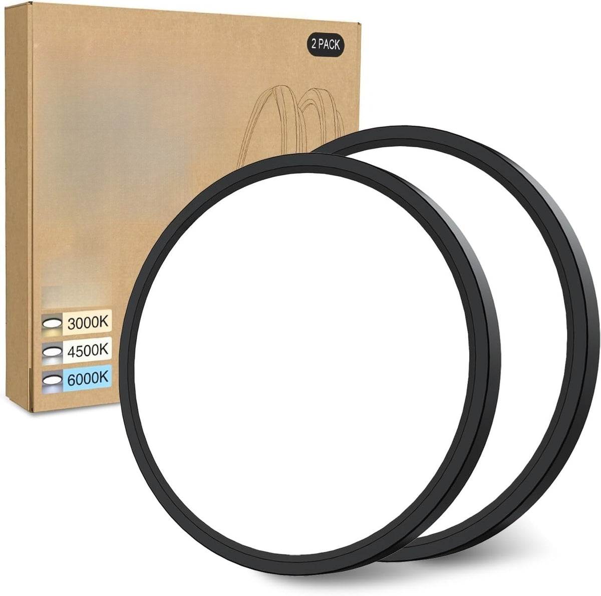 2‑Pack 12" Black 3CCT Dimmable LED Flush Mount Light